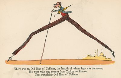 Det fanns en gammal man från Coblenz, vars ben var enorma långa, från "A Book of Nonsense", utgiven av Frederick Warne and Co., London, ca 1875 av Edward Lear