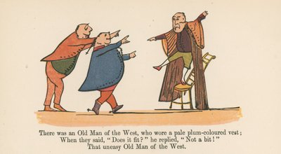 Det fanns en Old Man of the West, som bar en blek plommonfärgad väst, från "A Book of Nonsense", utgiven av Frederick Warne and Co. i London, omkring 1875. av Edward Lear