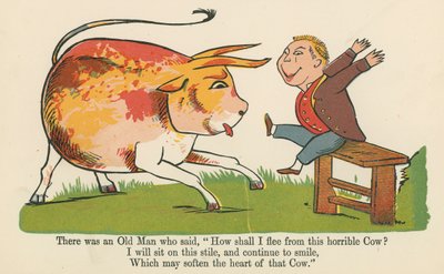 Det var en gammal man som sa, "Hur ska jag fly från denna hemska ko", från "A Book of Nonsense", utgiven av Frederick Warne and Co., London, ca 1875 av Edward Lear
