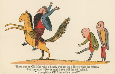 Det var en gammal man med skägg, som satt på en häst när han växte upp, från "A Book of Nonsense", utgiven av Frederick Warne and Co., London, ca 1875 av Edward Lear