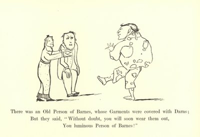 Det fanns en gammal person från Barnes, vars kläder var täckta med darns av Edward Lear