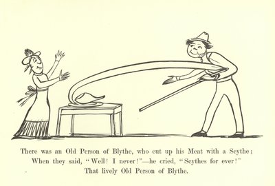 Det fanns en gammal person i Blythe som skar upp sitt kött med en lie. av Edward Lear