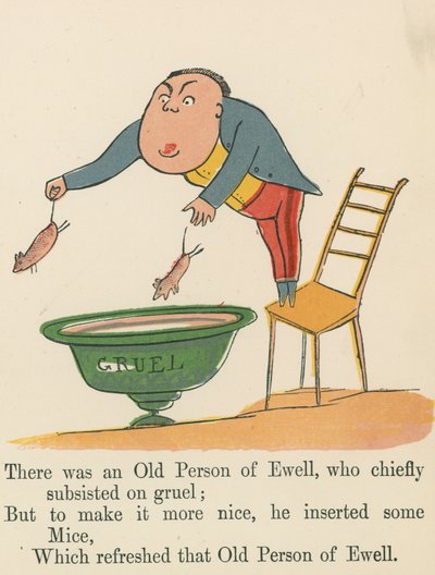 Det fanns en gammal person i Ewell som huvudsakligen levde av gröt, ur "A Book of Nonsense", utgiven av Frederick Warne and Co. i London, ca 1875. av Edward Lear