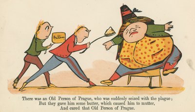 Det fanns en gammal person från Prag, som plötsligt greps av pesten, från 