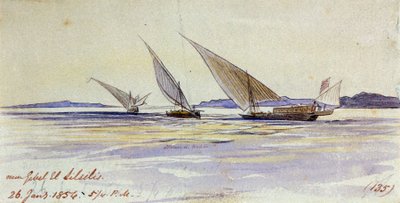 Tre traditionella egyptiska transportfartyg seglar på Nilen, nära Gebel el-Silsila eller Gebel Silsileh (Egypten) av Edward Lear