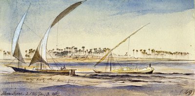 Två egyptiska båtar (en nuggar och en djem) seglar på Nilen, nära Abu Ajees (Egypten). Akvarellteckning i färg av Edward Lear