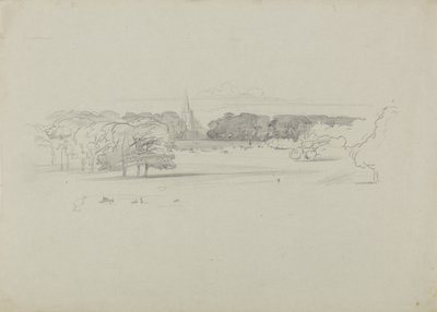 Utsikt över en äng mot en kyrka av Edward Lear