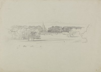 Utsikt över en äng till en kyrka, 1834 (grafit på grönt kraftigt vävt papper) av Edward Lear