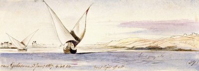 Utsikt över Nilen nära Golosona (Egypten), med en traditionell egyptisk båt som seglar. Akvarellteckning i färg av Edward Lear