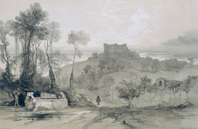 Utsikt i Rom och dess omgivningar: Slottet och staden Bracciano vid sjön med samma namn av Edward Lear