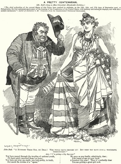 Punch cartoon: A Pretty Centenarian - hundraårsdagen av utarbetandet av USA:s konstitution (gravyr) av Edward Linley (after) Sambourne