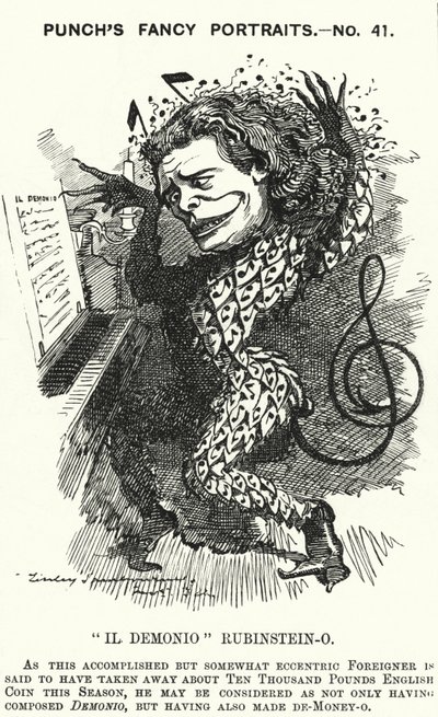 Punch tecknad: Anton Rubinstein, rysk pianist, kompositör och dirigent (gravyr) av Edward Linley (after) Sambourne