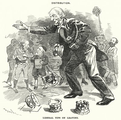 Punch tecknad: Distribution. Liberala tips om att lämna (gravyr) av Edward Linley (after) Sambourne