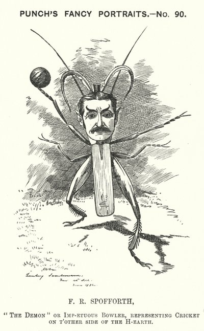 Punch tecknad: Fred Spofforth, australisk cricketspelare (gravyr) av Edward Linley (after) Sambourne
