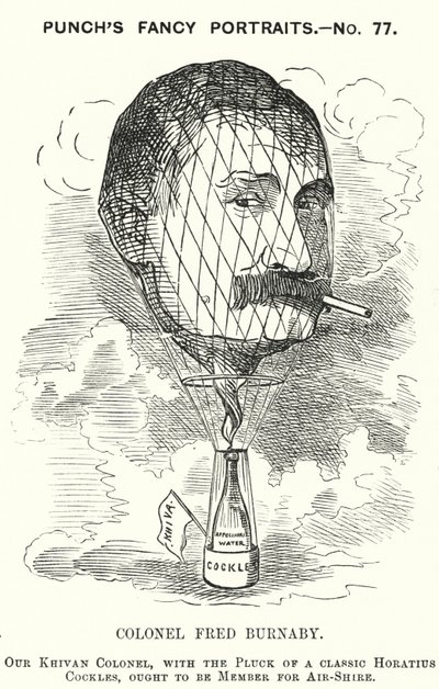 Punch tecknad: Frederick Burnaby, brittisk armés underrättelseofficer och ballongfarare (gravyr) av Edward Linley (after) Sambourne