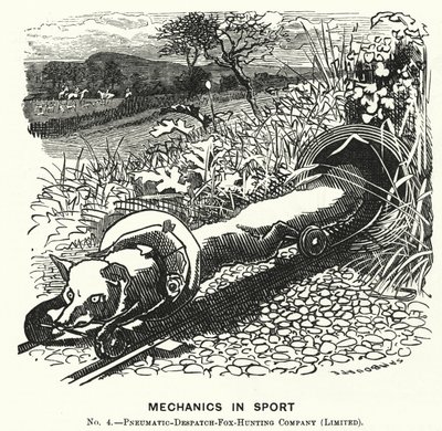 Punch tecknad: Mechanics in Sport. Nr 4. - Pneumatic Despatch Fox Hunting Company (Begränsat) (gravyr) av Edward Linley (after) Sambourne