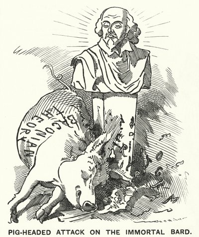 Punch cartoon: Pig-headed Attack on the Immortal Bard - teorin att William Shakespeares pjäser faktiskt skrevs av Sir Francis Bacon (gravyr) av Edward Linley (after) Sambourne
