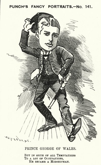 Punch tecknad: Prins George av Wales, den blivande kungen George V, som midskeppsman i Royal Navy (gravyr) av Edward Linley (after) Sambourne