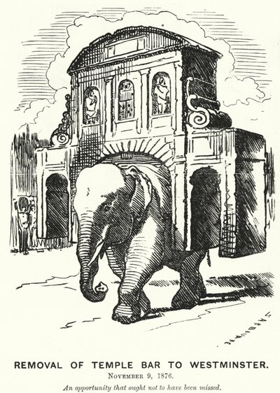 Punch tecknad: Borttagning av Temple Bar till Westminster (gravyr) av Edward Linley (after) Sambourne