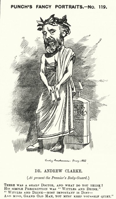 Punch tecknad: Sir Andrew Clarke, brittisk läkare, läkare till William Ewart Gladstone (gravyr) av Edward Linley (after) Sambourne