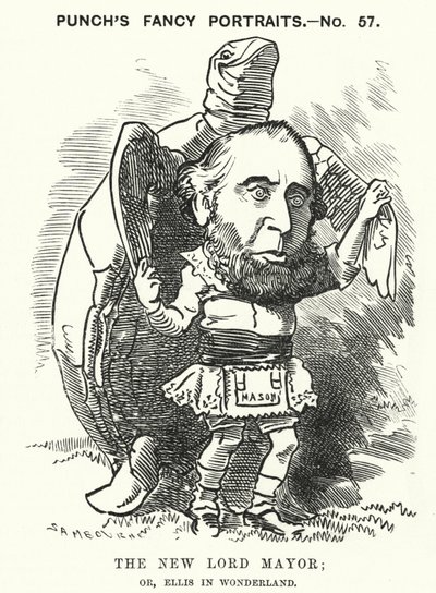 Punch tecknad: Sir John Ellis, Londons borgmästare 1881 (gravyr) av Edward Linley (after) Sambourne