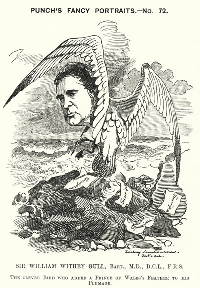 Punch-tecknad film: Sir William Withey Gull, engelsk läkare som behandlade prinsen av Wales för tyfus och blev ordinarie läkare för drottning Victoria (gravyr) av Edward Linley (after) Sambourne