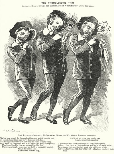 Punch tecknad: The Troublesome Trio: Lord Randolph Churchill, Henry Drummond Wolff och Ellis Ashmead-Bartlett, brittiska konservativa politiker (gravyr) av Edward Linley (after) Sambourne
