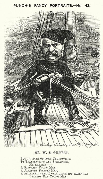 Punch tecknad: W S Gilbert, engelsk dramatiker och librettist (gravyr) av Edward Linley (after) Sambourne