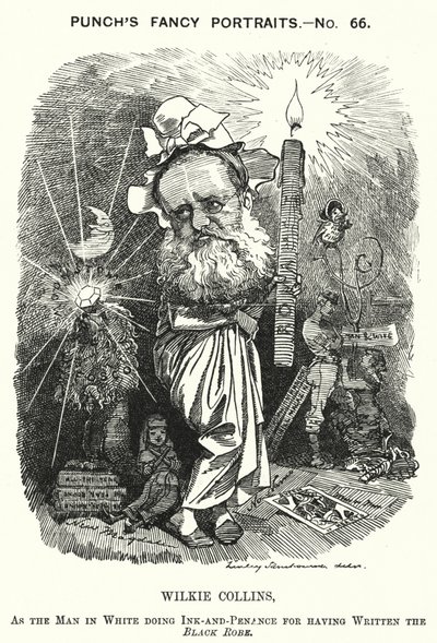 Punch-tecknad film: Wilkie Collins, engelsk romanförfattare, dramatiker och novellförfattare (gravyr) av Edward Linley (after) Sambourne