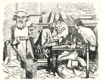 Punch tecknad: författare på jobbet i hans arbetsrum (gravyr) av Edward Linley (after) Sambourne