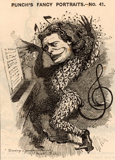 ""Anton Rubinstein (1829-1894) Rysk pianist, kompositör och dirigent, grundare av St Petersburgs konservatorium. Under konsertsäsongen i London 1881 tjänade han omkring 10 000 pund. En av hans kompositioner var en opera ""Demon"" (1875). Tecknad av Edwa av Edward Linley Sambourne