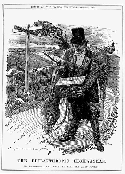 David Lloyd George (1863-1945) walesisk född brittisk liberal statsman. 1908, som finansminister, introducerade Lloyd George sin lag om ålderspension. Tecknad av Edward Linley Sambourne från Punch, London, augusti 1908. av Edward Linley Sambourne