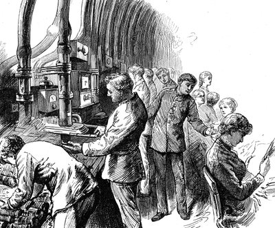 Gravyr som visar den pneumatiska försändelsen som General Post Office använde för att transportera paket under London. Edward Linley Sambourne (1844-1910) en engelsk serietecknare och illustratör. Daterat 1800-talet ©UIG/Leemage av Edward Linley Sambourne