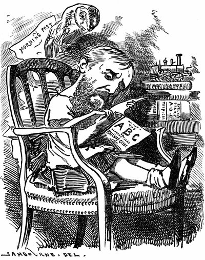 Evelyn Ashley (1836-1907) engelsk författare och liberal politiker: son till 7:e earlen av Shaftesbury. Tecknad av Edward Linley Sambourne i Fancy Portraits-serien från Punch London april 1881 när Ashley var undersekreterare på Board of Trade. av Edward Linley Sambourne