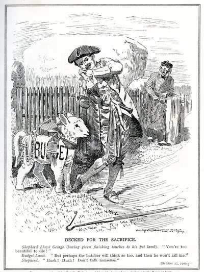 Lloyd George förbereder sig för att skicka sitt "husdjurslamm", "Folkets budget", för att offras och dödas av House of Lords, 1909 av Edward Linley Sambourne