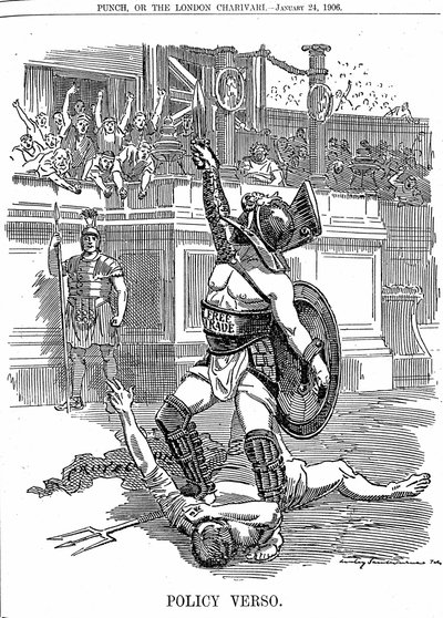 När den liberala regeringen återvände i Storbritannien, december 1905, var frihandel politiken snarare än den konservativa politiken för skydd av tullar. Tecknad av Edward Linley Sambourne från Punch London 24 januari 1906 av Edward Linley Sambourne