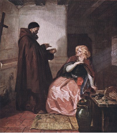 Juliet och brodern Laurence (Romeo och Julia) Ta flaskan, lägg dig sedan i sängen, och drick denna destillerade spritdryck, från puben The Complete Works of William Shakespeare av J Coker & Co Ltd (c av Edward Matthew Ward