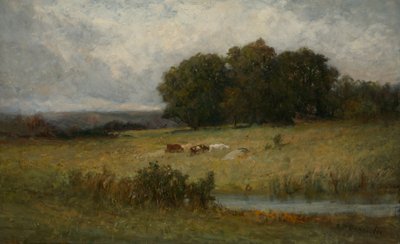 Ljus scen av boskap nära ström. av Edward Mitchell Bannister