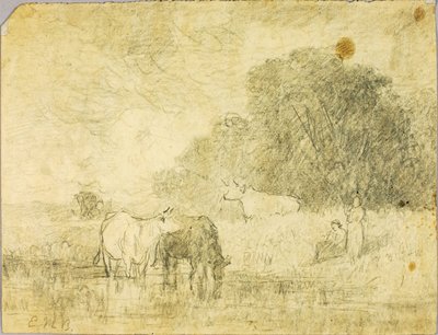 Landskap med kor vid damm, två figurer av Edward Mitchell Bannister