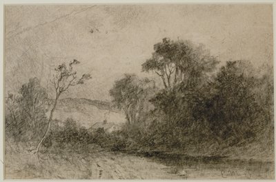 Landskap med tak bakom träd (#49) c. 1880-talet (grafit på papper) av Edward Mitchell Bannister