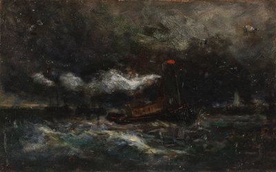 Squall, Brenton Lätt båt i storm, fyr i bakgrunden, n.d. av Edward Mitchell Bannister