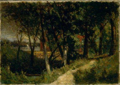 Utan titel (landskap, skogsscen med rött staket och byggnad) av Edward Mitchell Bannister
