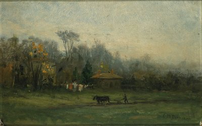 Utan titel (landskap med man som plöjer fält) av Edward Mitchell Bannister