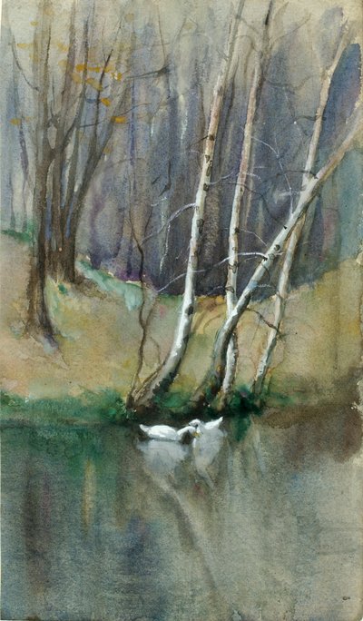 Träscen utan titel med björkträd och ankor, n.d. av Edward Mitchell Bannister