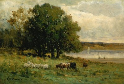 Namnlös boskap nära floden med segelbåt på avstånd, n.d. av Edward Mitchell Bannister