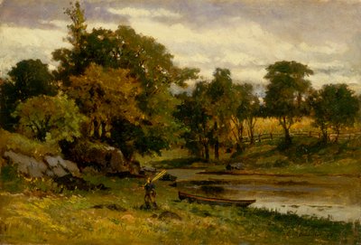 Namnlöst landskap, båt förtöjd nära ström, man går i förgrunden, 1879. av Edward Mitchell Bannister