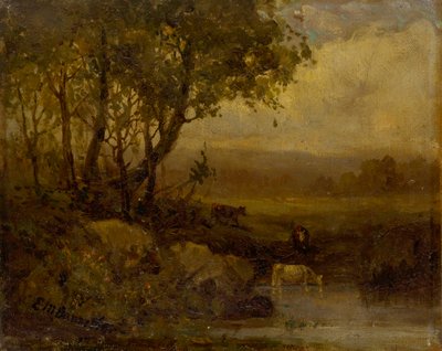 Namnlöst landskap, flodstrand, tre kor. av Edward Mitchell Bannister