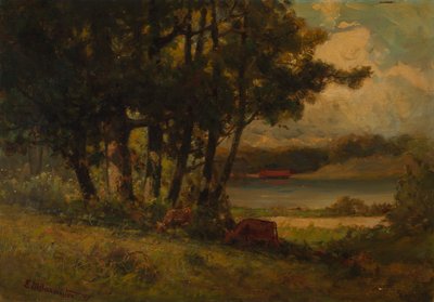 Namnlöst landskap med kor som betar nära floden, 1891. av Edward Mitchell Bannister