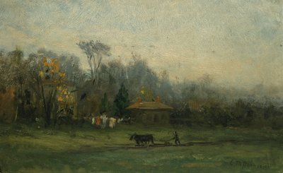 Namnlöst landskap med man som plöjer åkrar, n.d. av Edward Mitchell Bannister