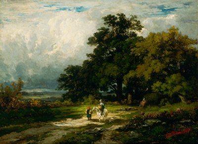 Namnlös man till häst med kvinna och hund. av Edward Mitchell Bannister